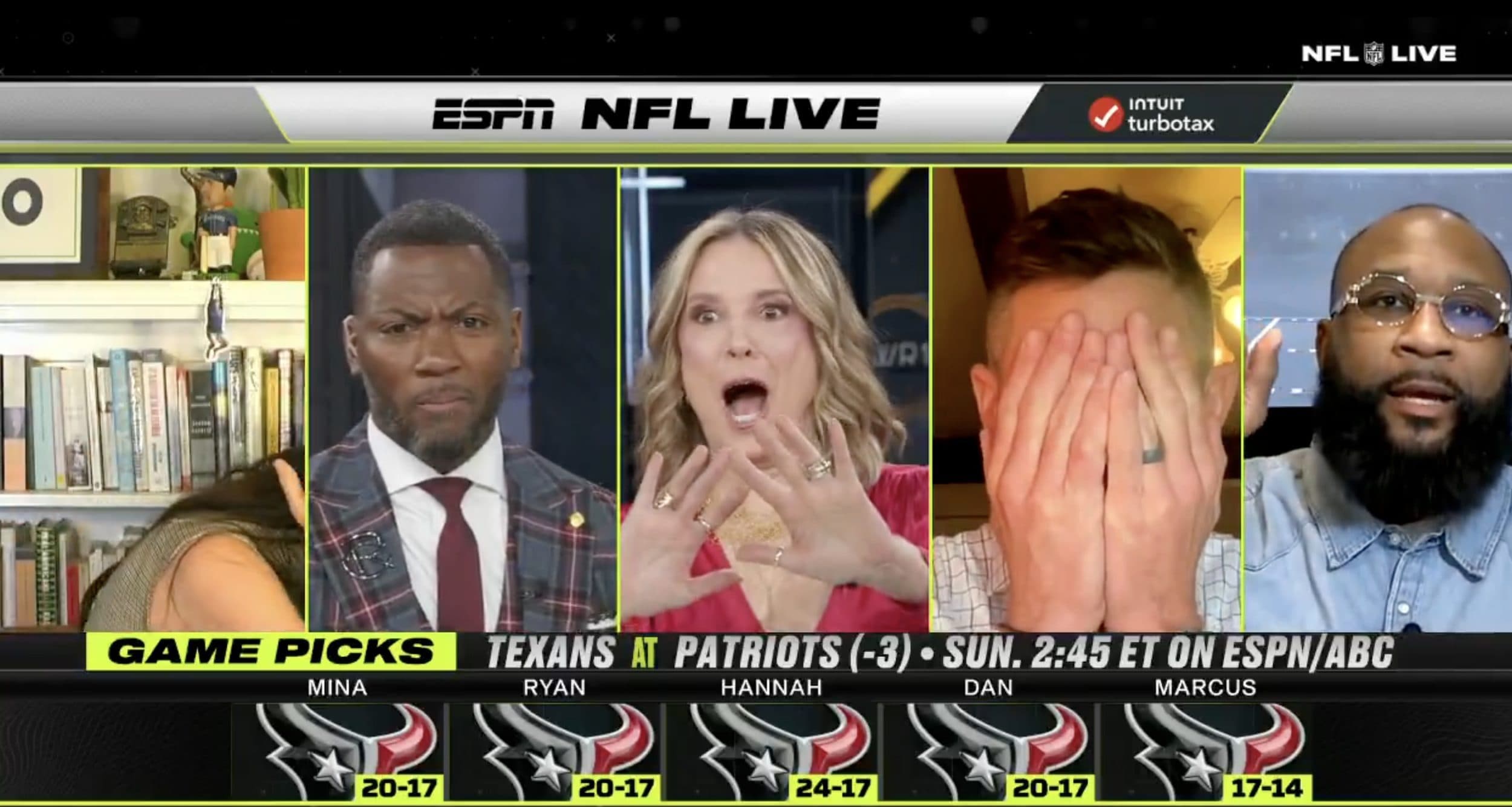 ‘NFL Live’ crew horrified to realize they unanimously picked Texans to beat Patriots - Awful Announcing