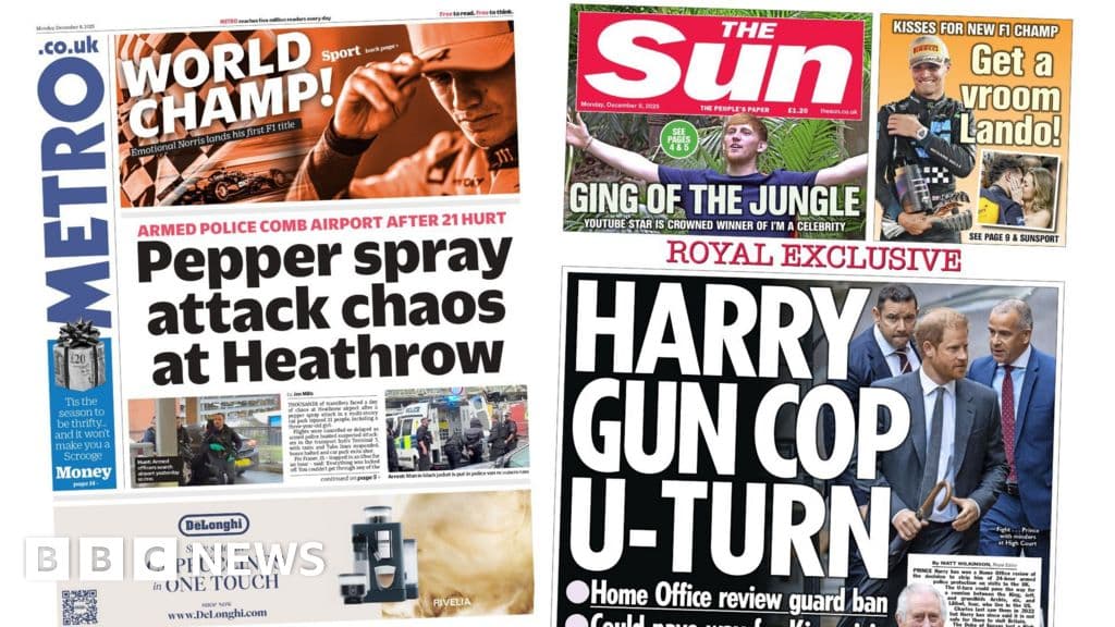 Newspaper headlines: Heathrow 'pepper spray attack' and 'Harry gun cop U-turn' - BBC