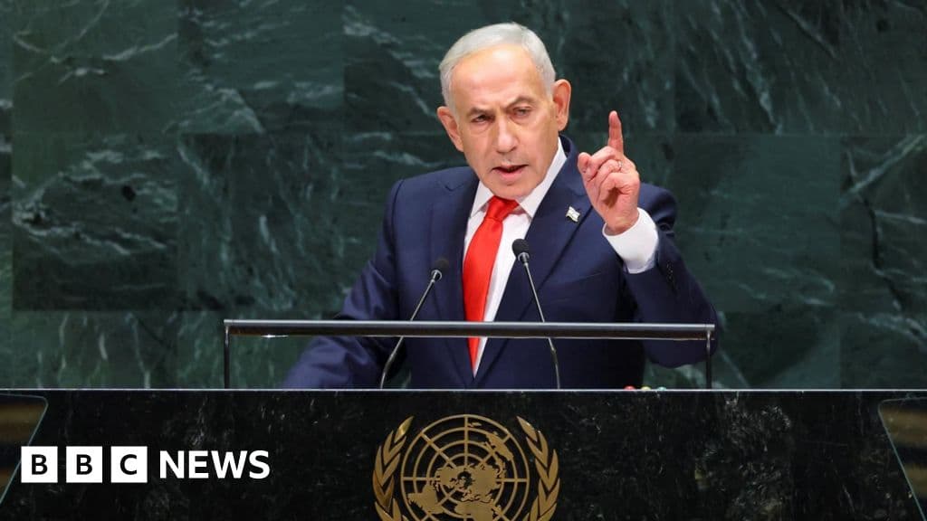 Netanyahu defends Israeli military action as delegates walk out before UN speech - BBC